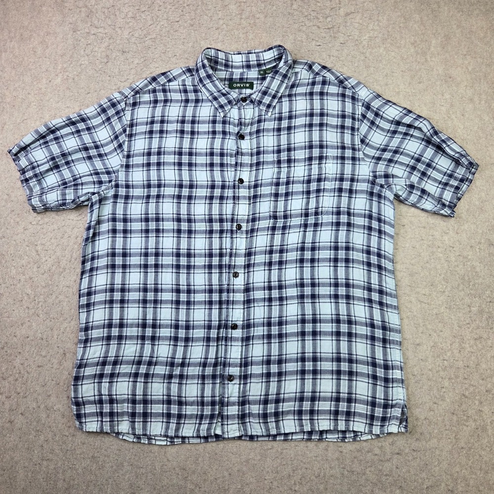 Orvis Linen Blend Shirt Mens XL Blue Plaid Short Sleeve Lightweight Button Up